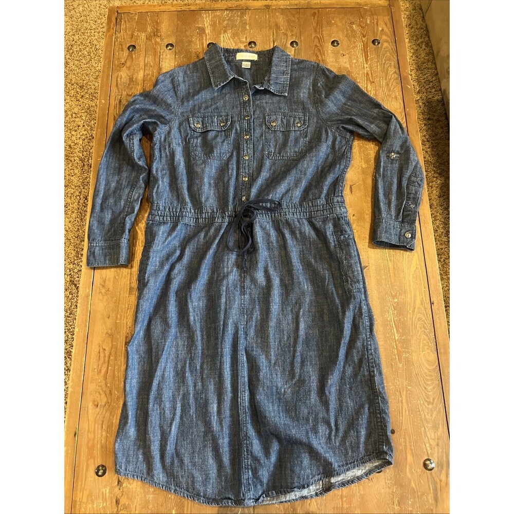 Christopher & Banks Dark Denim Shirt Dress Roll Tab Sleeves At Knee Wmn's Sz 10